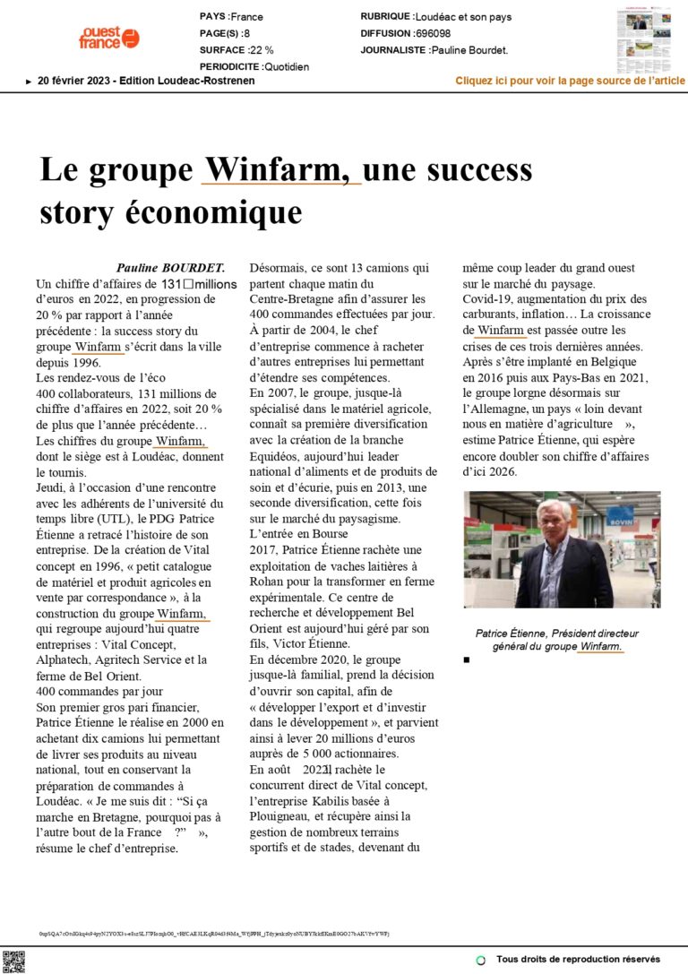 Winfarm Groupe - UTF 82023 02 20 Ouest France Le20groupe20Winfarm20une20success20story20C3A9conomique page 0001